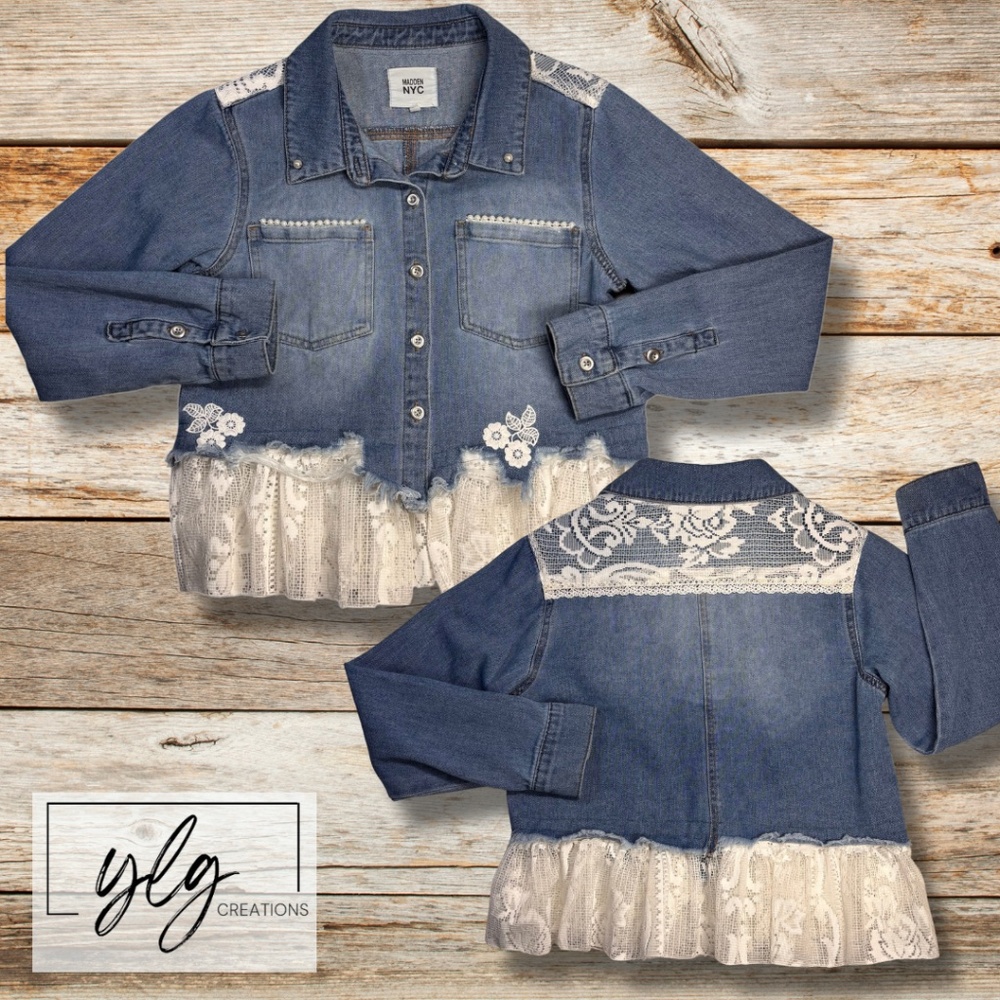 Boho Luxe Denim Jacket Lace Pearl Feminine Hippie Country Girl Wedding Floral